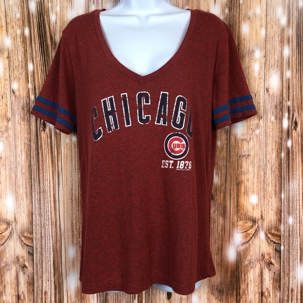 Women's Chicago Cubs Red and Blue V Neck Vintage Style Tee